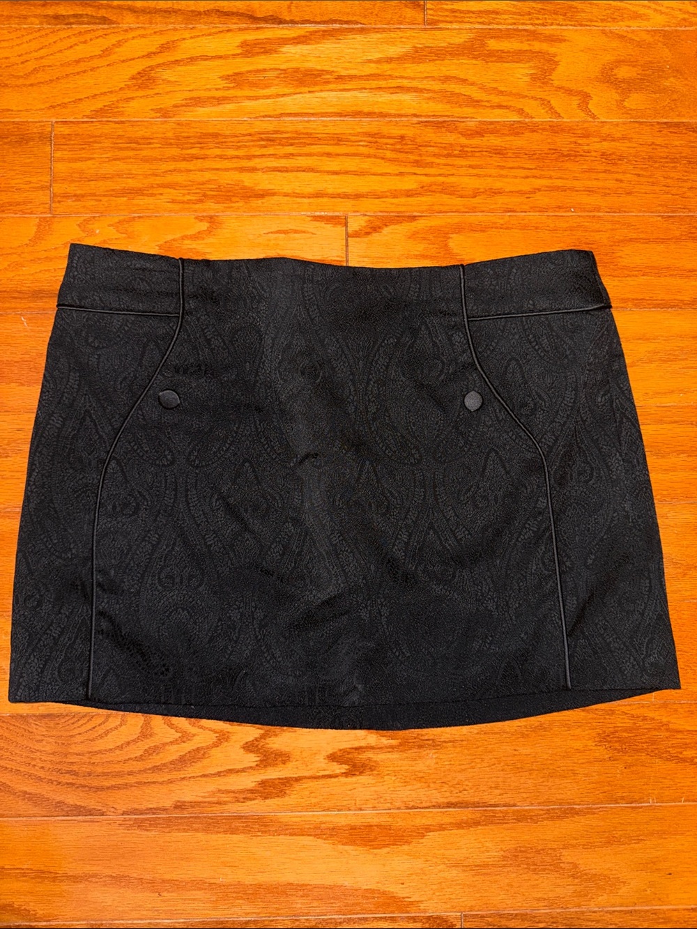 bebe Black Jacquard Mini Skirt with Decorative Buttons